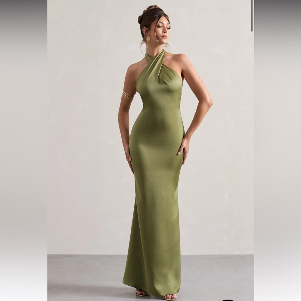 Olive Satin Halter Gown